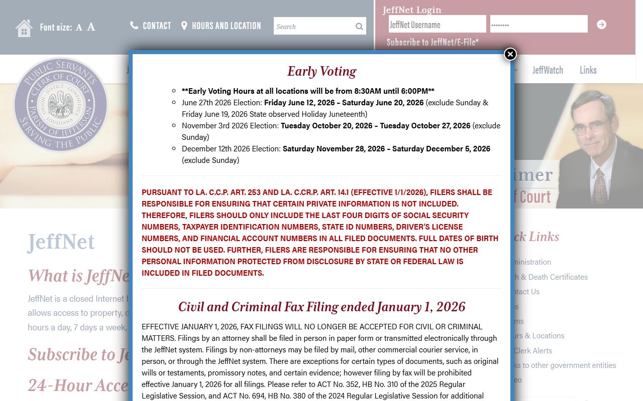 Jefferson Parish court records after arrest JeffNet access page