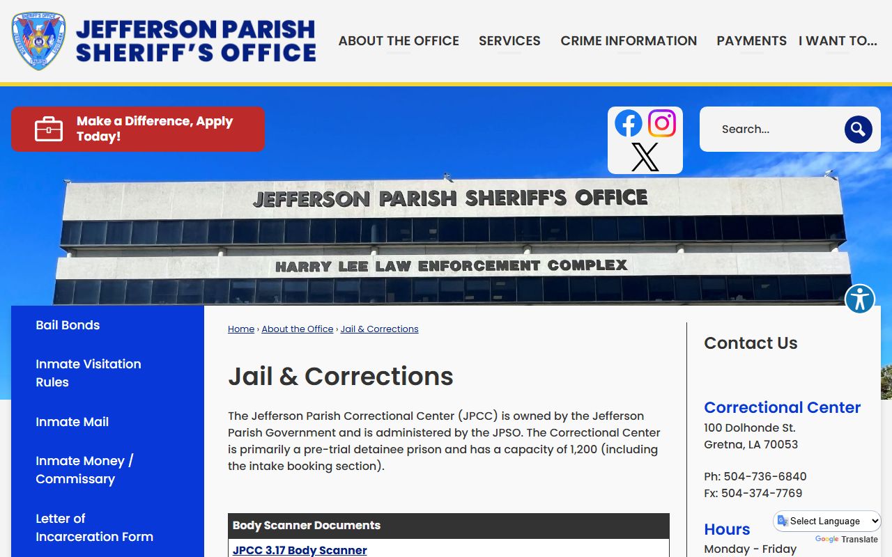 Jefferson Parish Correctional Center jail information and inmate population capacity