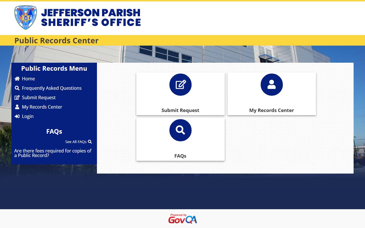 Jefferson Parish inmate records GovQA public records request menu