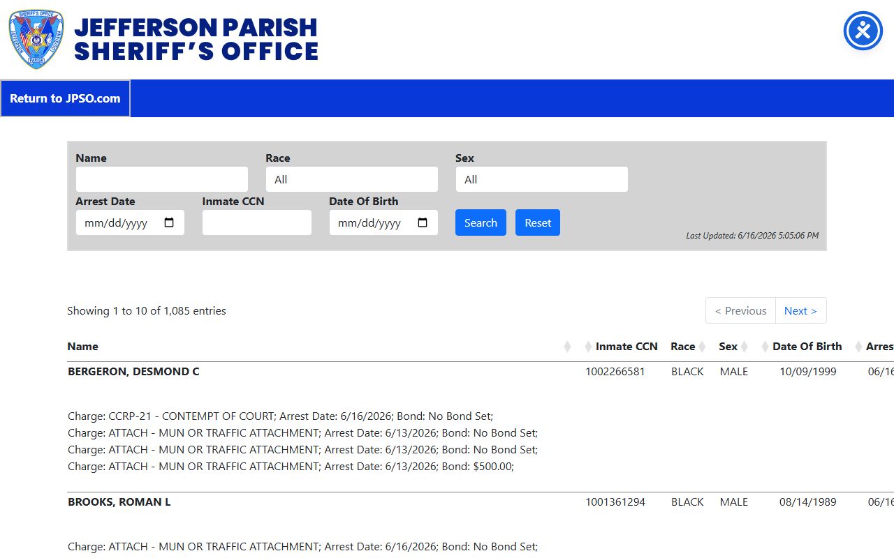 Jefferson Parish County inmate search roster fields