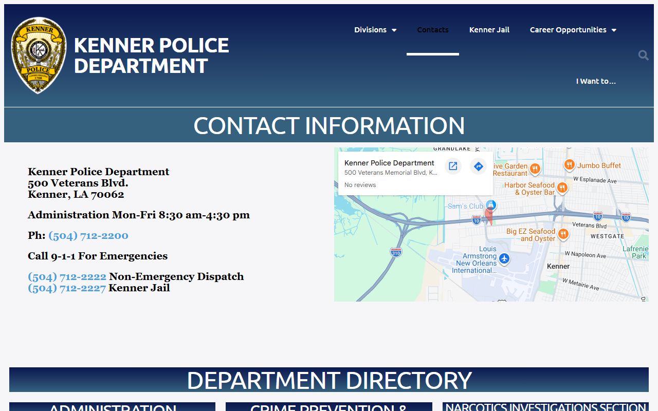 Kenner Police contact directory with jail and records contacts