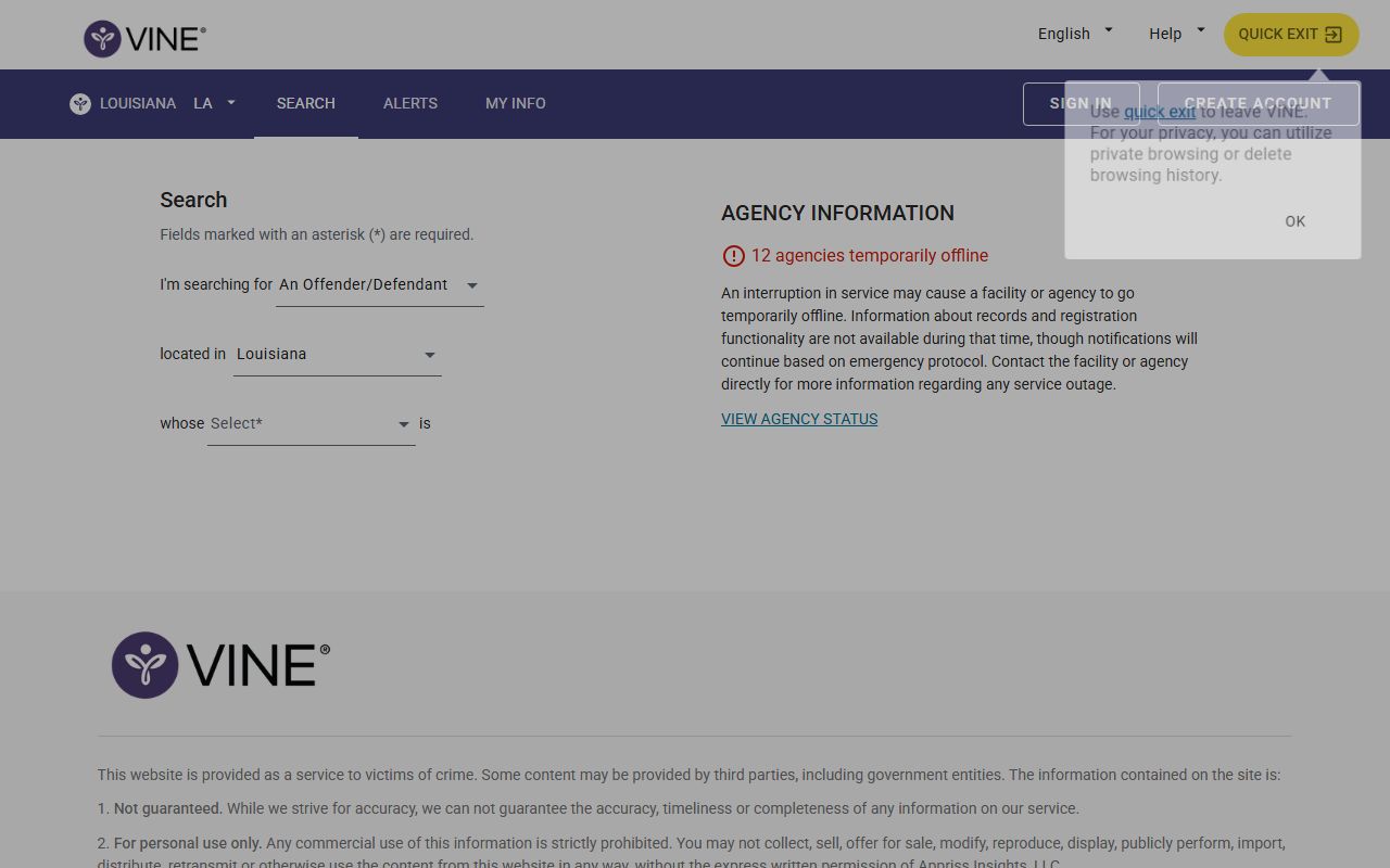 Louisiana LAVNS VINELink search for Jefferson Parish court and custody notifications